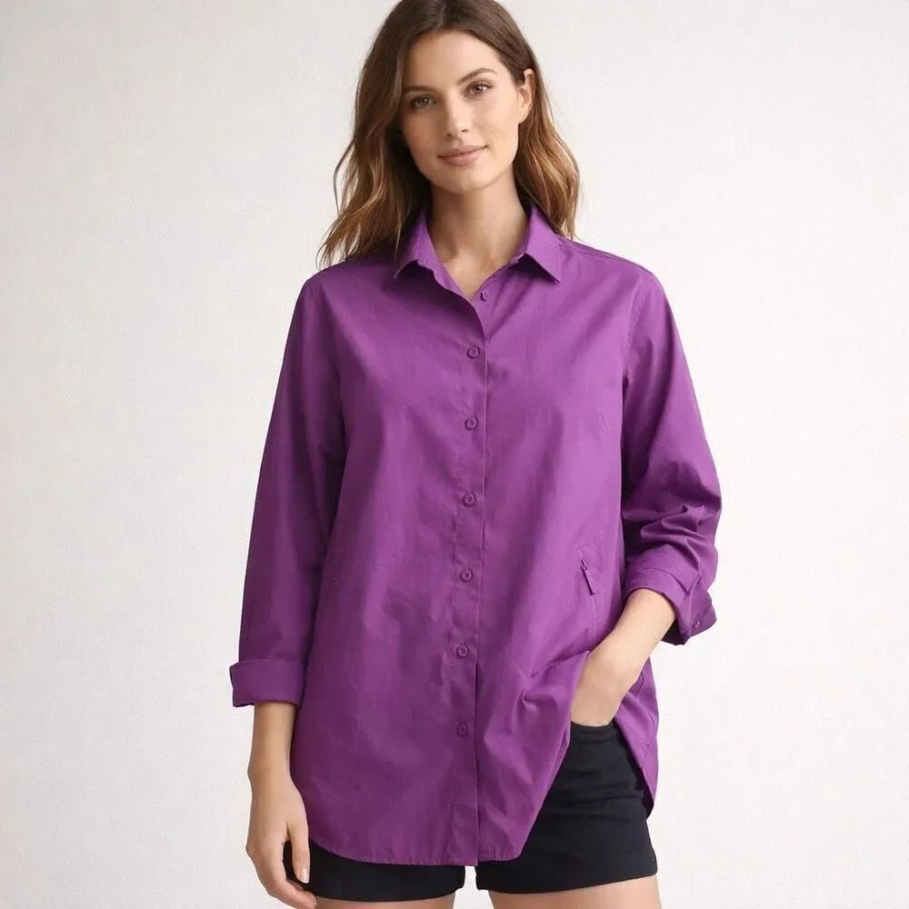 Ahleta Purple Oversized Poplin Shirt Zip Pocket Women Small